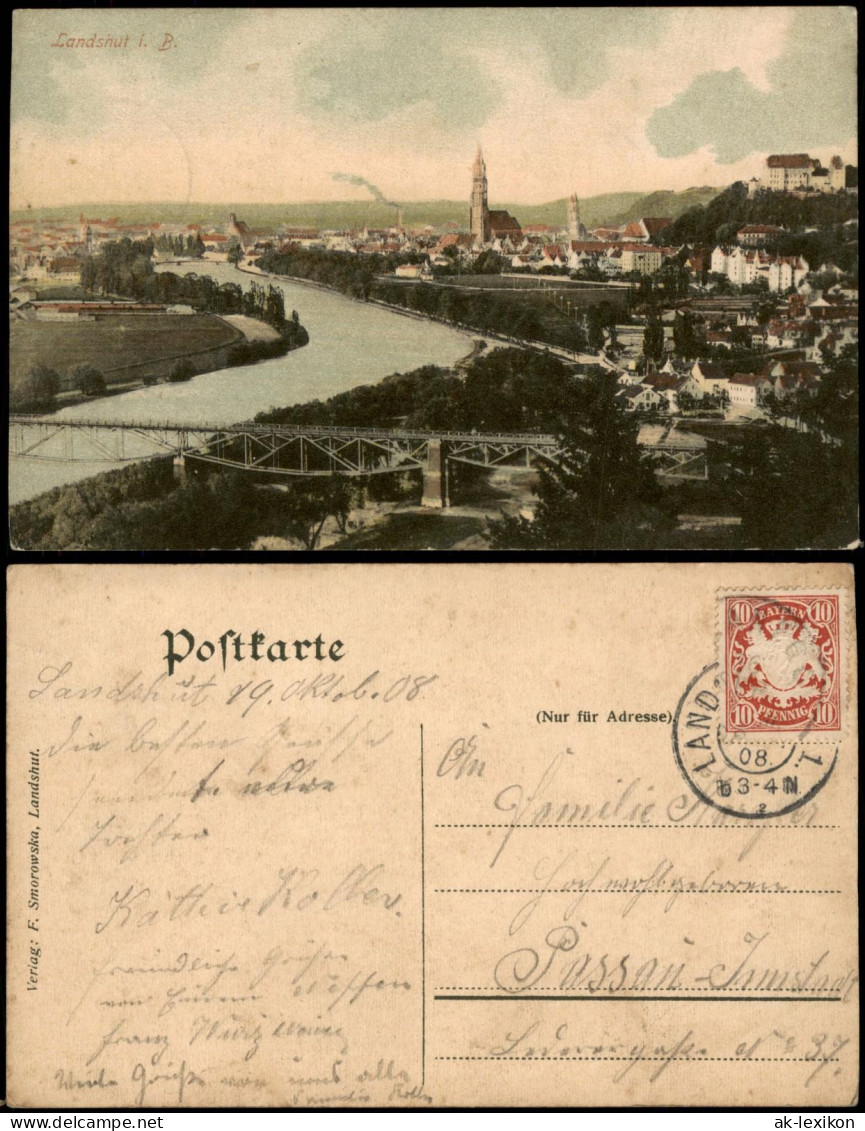 Ansichtskarte Landshut Totale Mit Brücke 1908 - Landshut