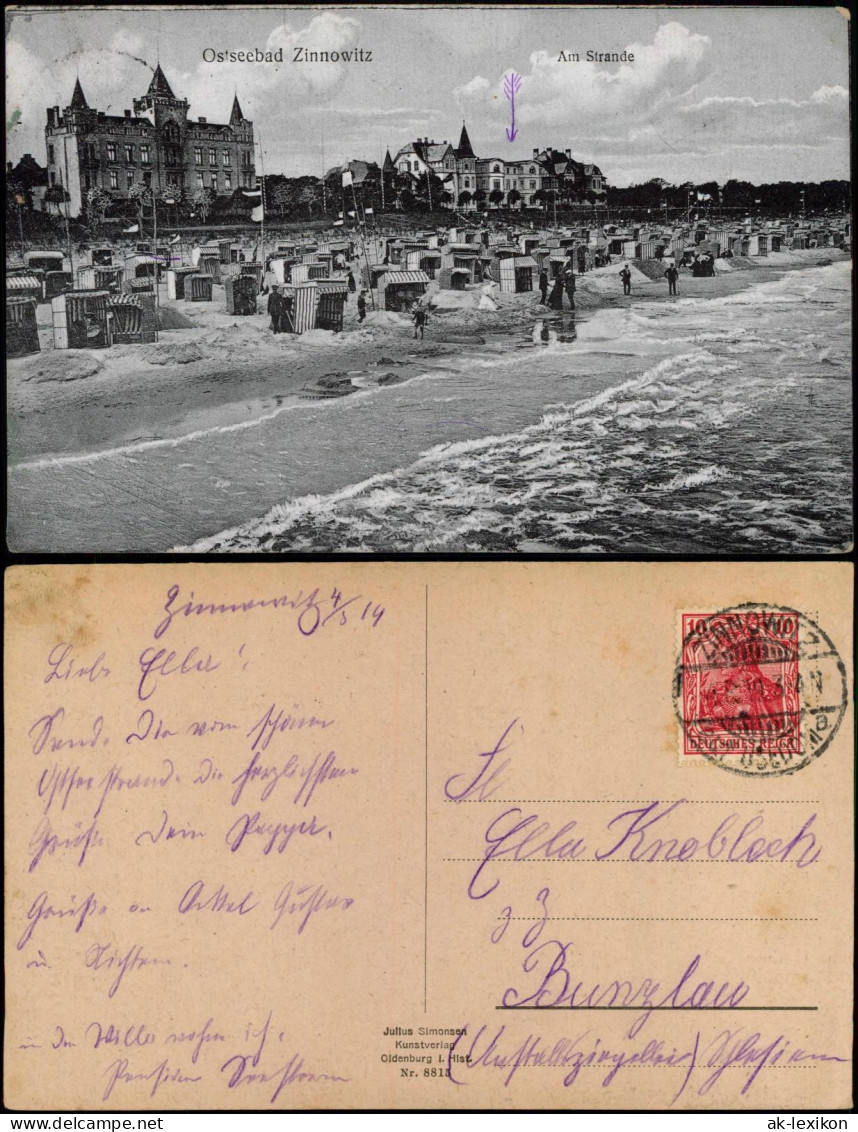 Ansichtskarte Zinnowitz Strand Und Strandhotel 1914 - Zinnowitz