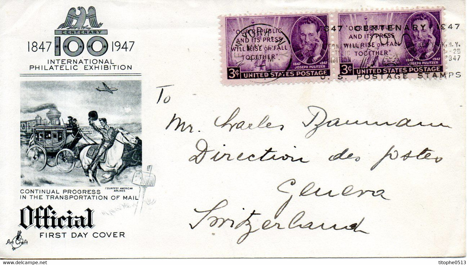 USA. N°498 De 1947 Sur Enveloppe Ayant Circulé. Joseph Pulitzer. - Storia Postale