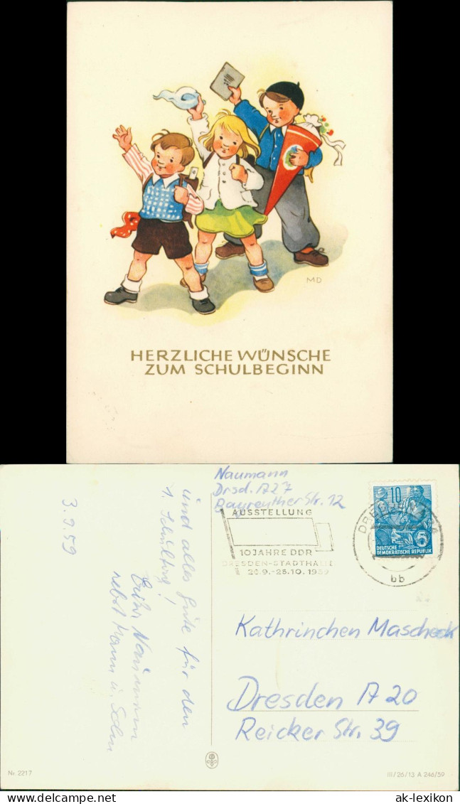 Glückwunsch Schulanfang & Einschulung: Jubelnde Kinder (DDR AK) 1959 - Children's School Start