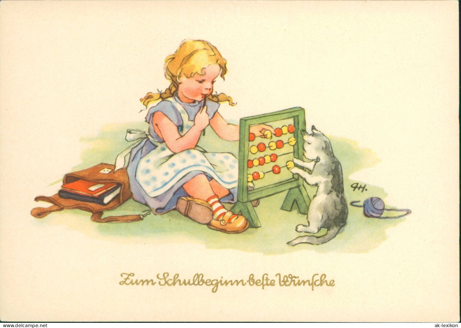 Glückwunsch Schulanfang & Einschulung: Mädchen U. Katze Am Rechenschieber 1958 - Einschulung