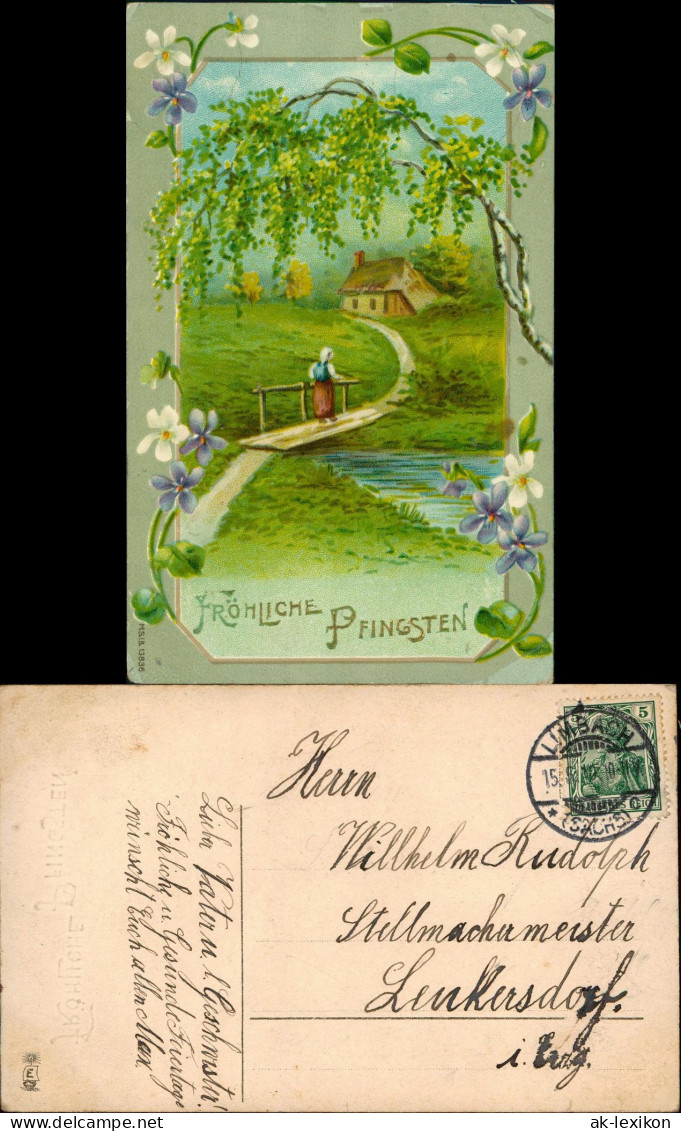 Glückwunsch: Pfingsten Landschaft In Blüte - Birke 1910 Goldrand - Pinksteren