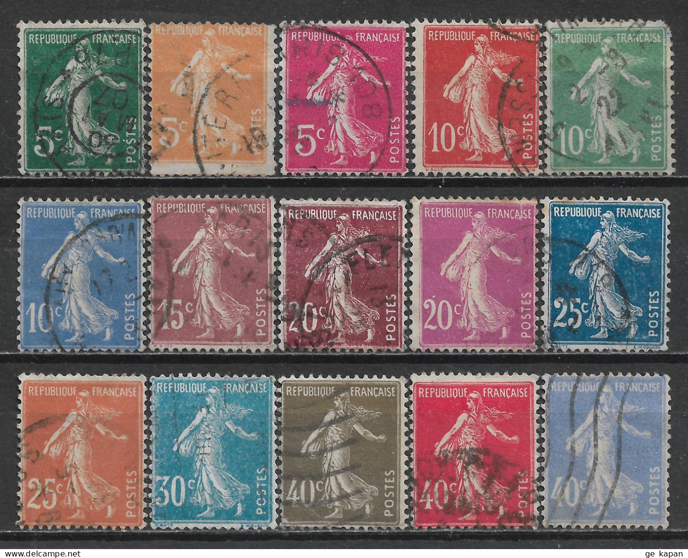 1906-1928 FRANCE Set Of 15 USED STAMPS (Scott # 159-169,173,177,178,180) CV $5.85 - 1906-38 Säerin, Untergrund Glatt