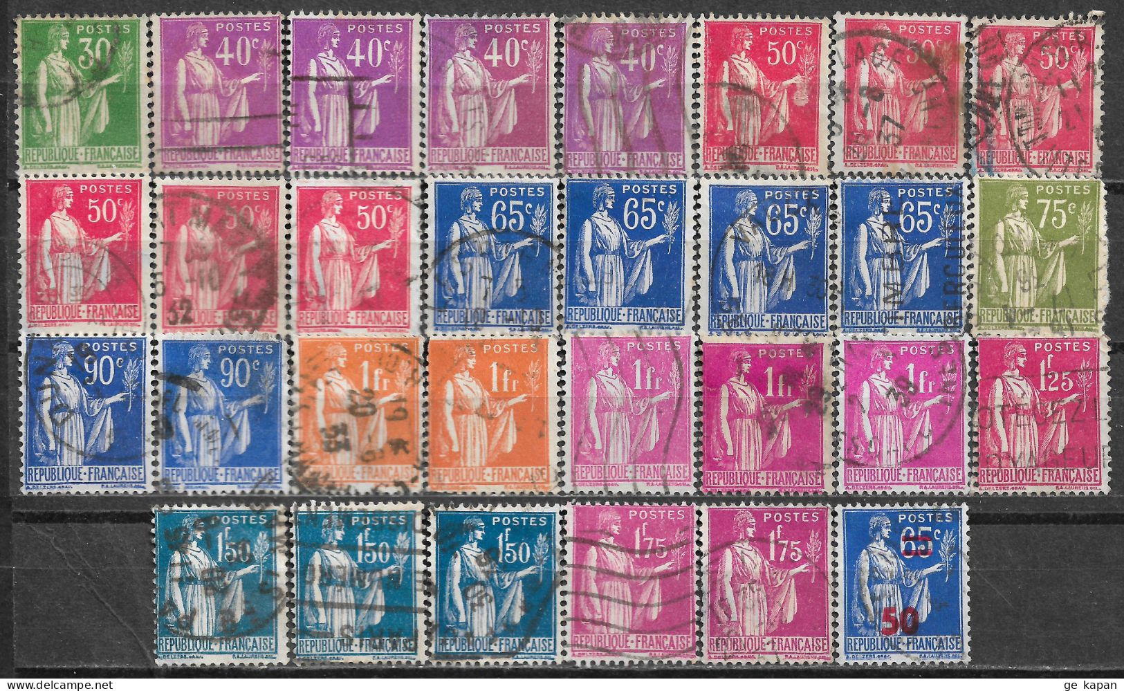 1932-1940 FRANCE SET OF 30 USED STAMPS (Scott # 264,265,267,271,272,276-278,280,282,283,402) CV $11.10 - 1932-39 Peace