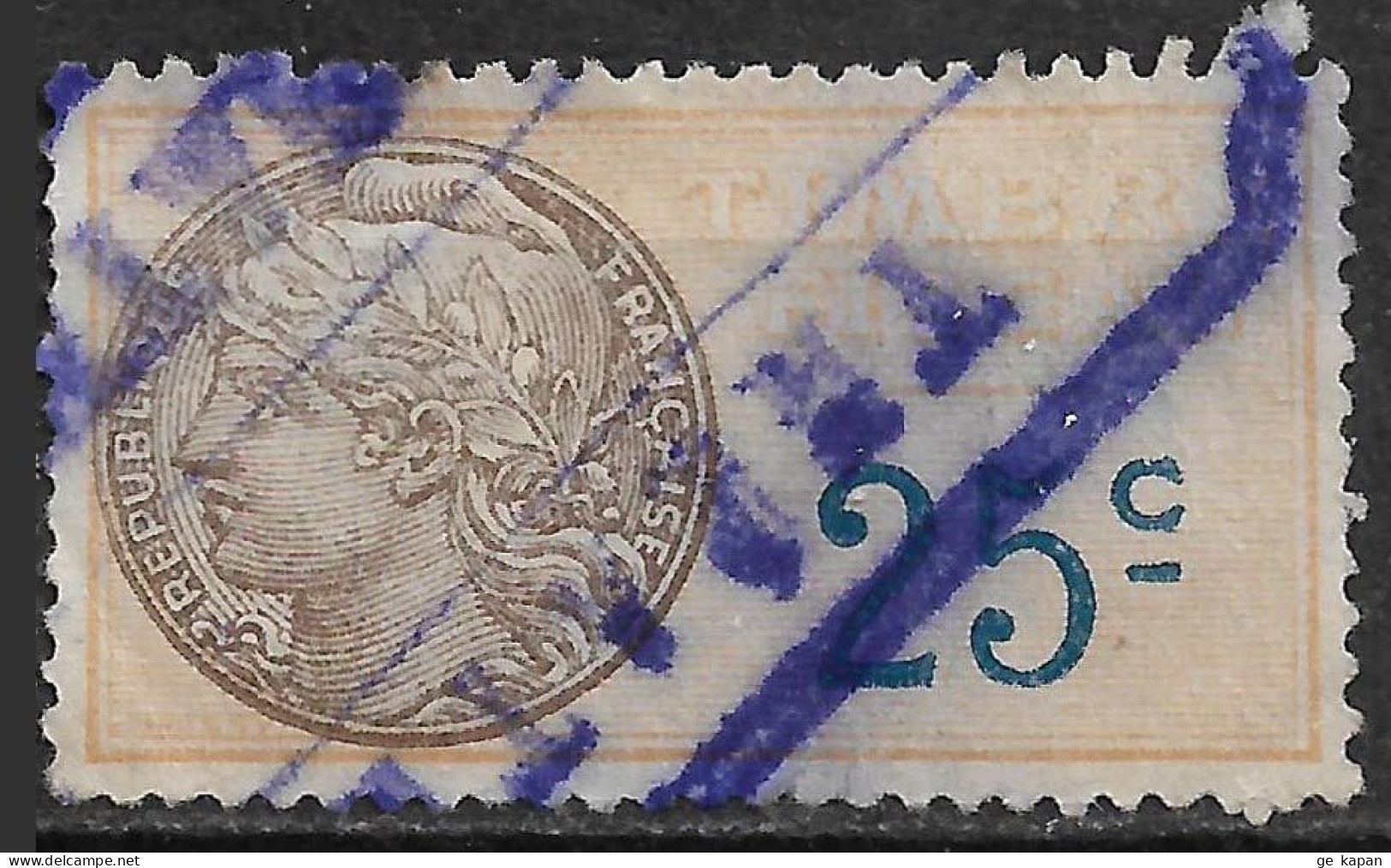 1925 France Timbre Fiscal 25c Used Stamp Thin Perf.13¼ (Yvert # FI9d) - Autres & Non Classés