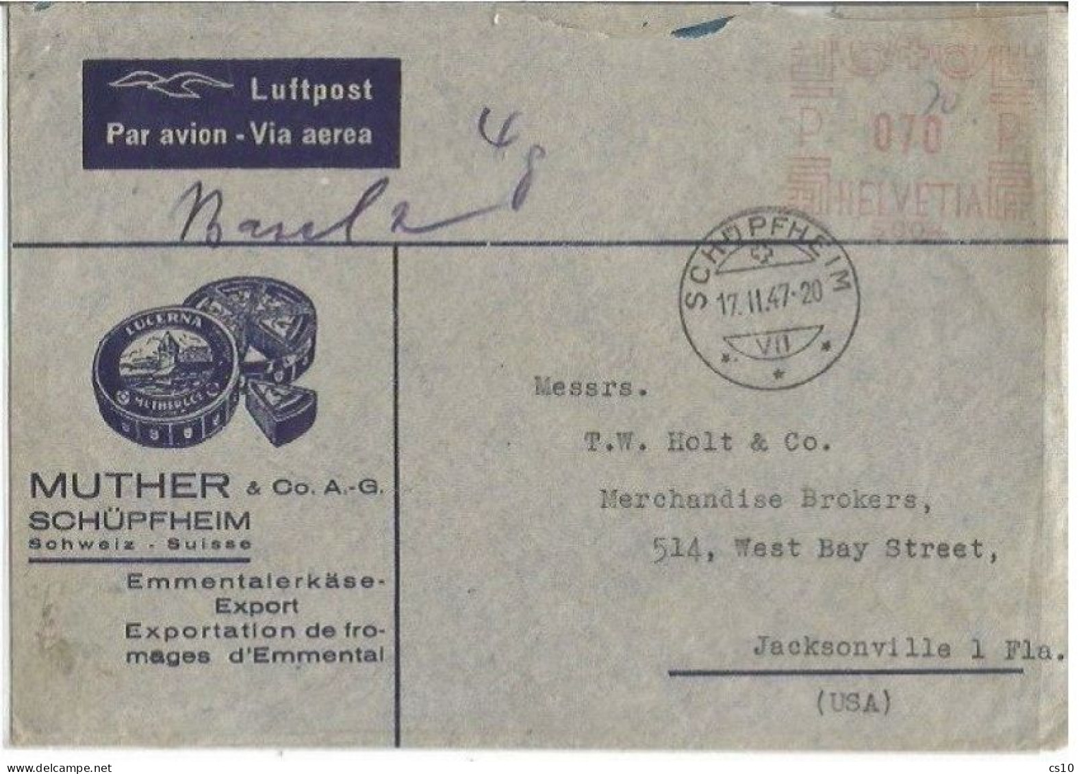 Suisse Commerce Emmental Cheese AirmailCV Schupfheim 17feb1947 To USA With Red Meter Franking C.70 - Alimentación