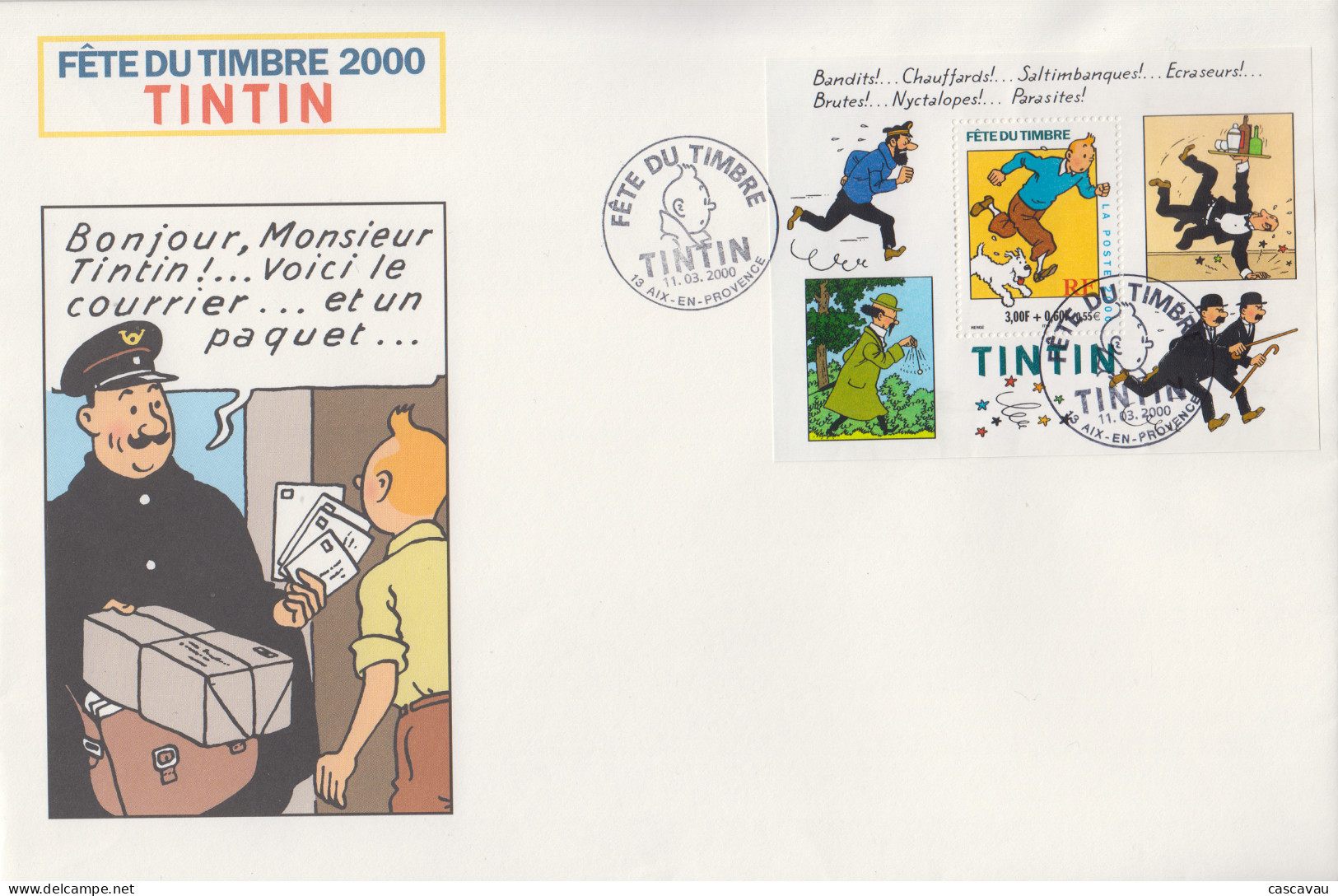 Enveloppe  FDC  Grand  Format  1er  Jour   FRANCE   Bloc  Feuillet     TINTIN      FETE  DU  TIMBRE    2000 - 2000-2009