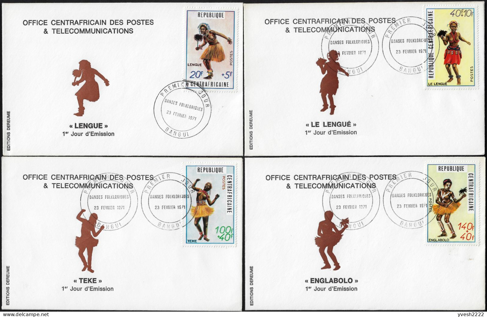 Centrafrique 1971 Y&T 139 à 142 Sur FDC. Danses Traditionnelles. Le Lengué, Teke, Englabolo - Danza