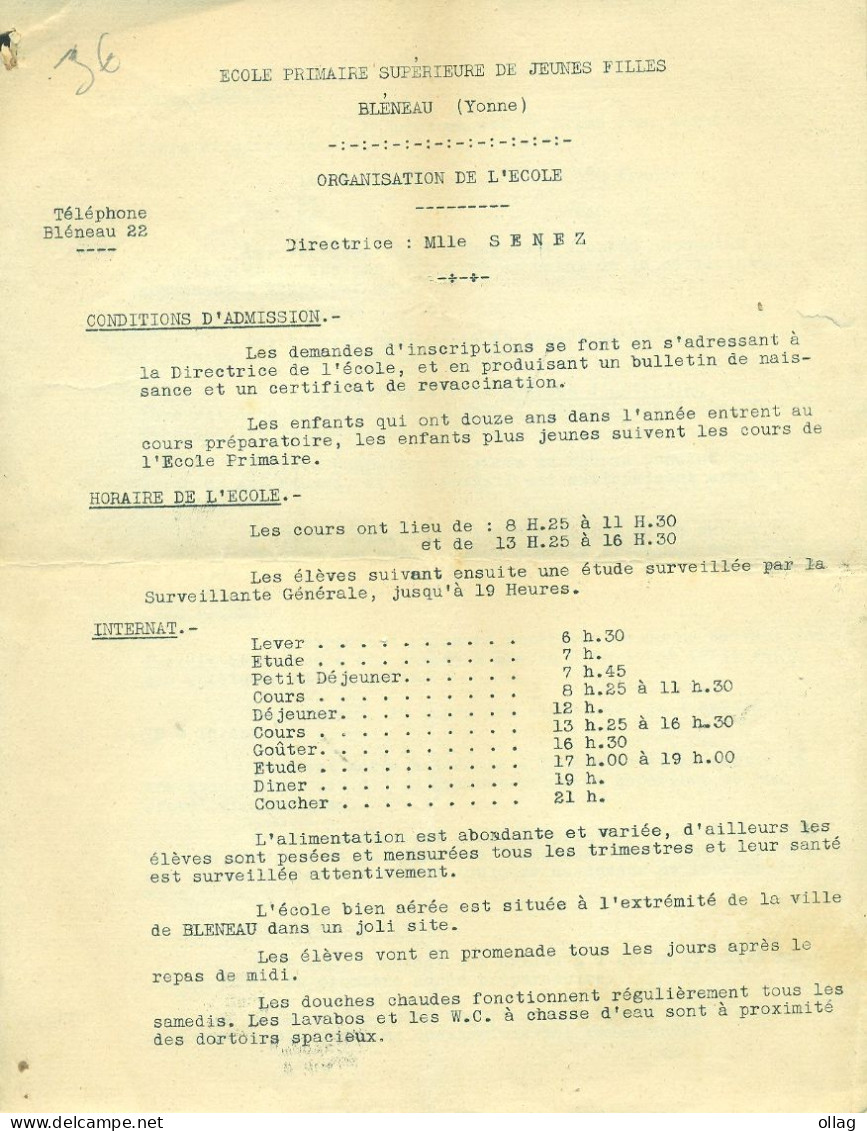 265 -  ECOLE DE JEUNES FILLES DE BLENEAU YONNE - ORGABISATION DEE L ECOLE 1930 - 3 PAGES - 1800 – 1899