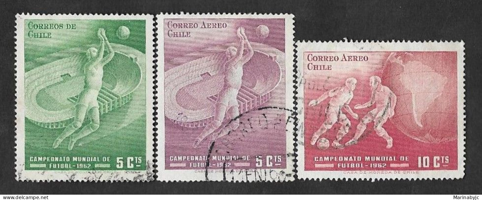 SE)1962 CHILE  SPORTS SERIES, WORLD FOOTBALL CHAMPIONSHIP '62, 3 CTO STAMPS - Cile