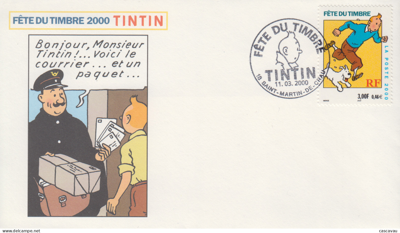 Enveloppe  FDC  1er  Jour   FRANCE     Fête   Du   Timbre    TINTIN    SAINT  MARTIN  DE  CRAU   2000 - 2000-2009