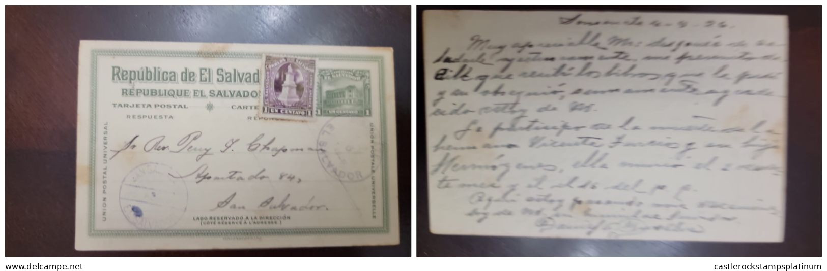 O) 1935 EL SALVADOR,  DANIEL HERNANDEZ MONUMENT,  NATIONAL THEATER 1c Green - POSTAL STATIONERY, CIRCULATED XF - Salvador