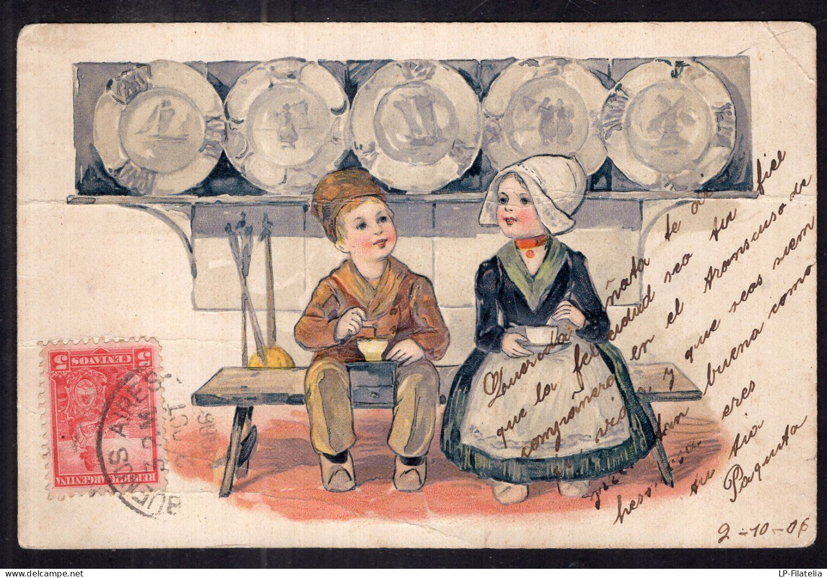 Argentina - 1906 - Children - Illustration - Couple Of Children In Dutch Attire - Dessins D'enfants