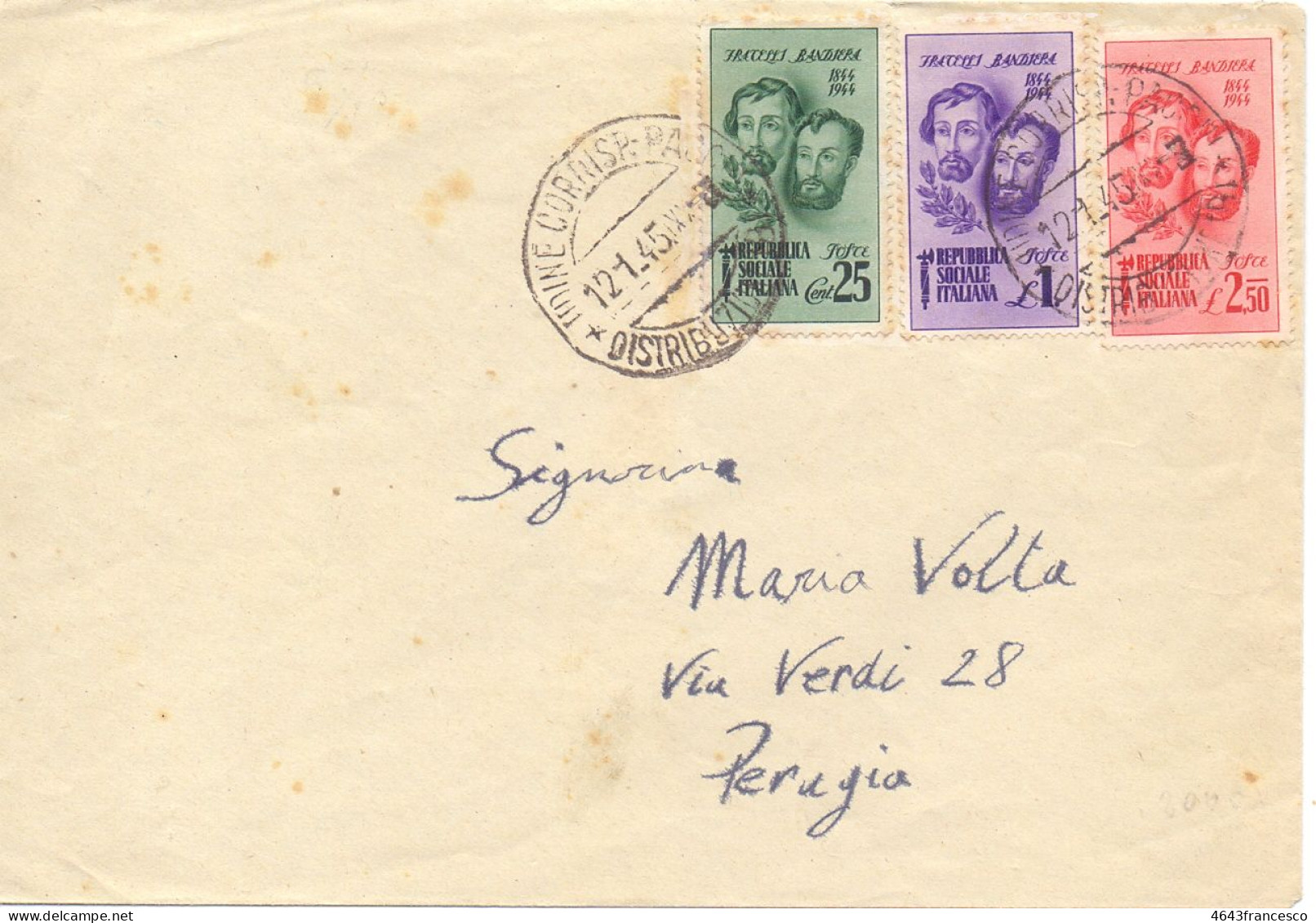 1945 Lettera Da Udine Per Perugia Con Serie Completa Fratelli Bandiera - Storia Postale