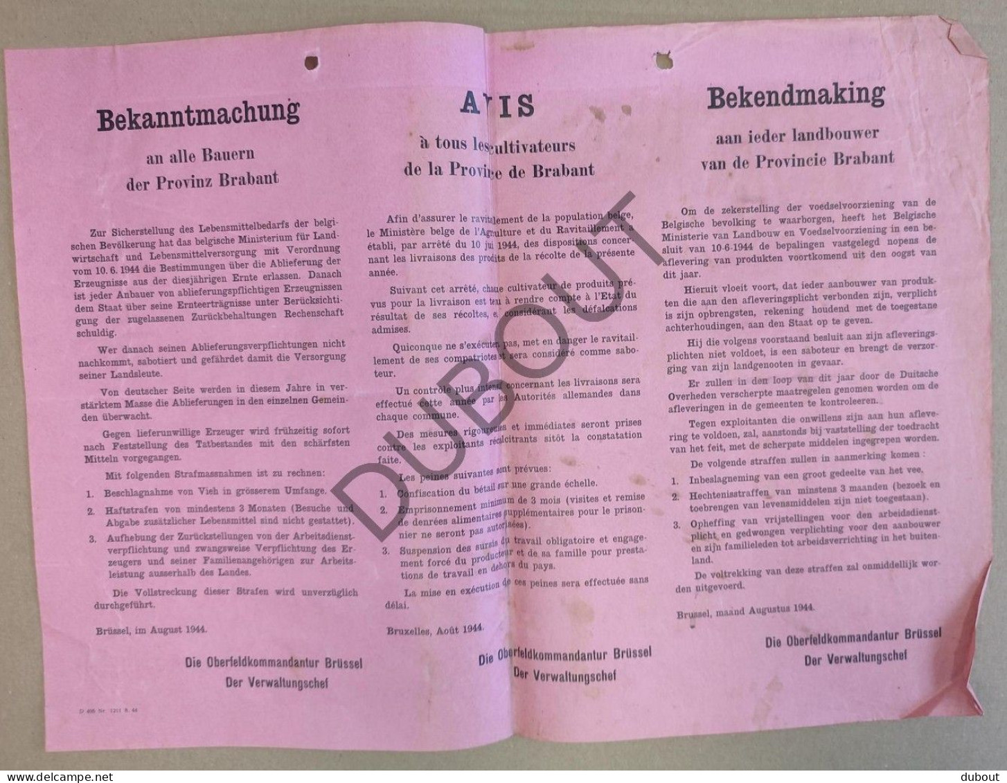 WOII - Affiche - 1944 Verplichting Gericht Aan Landbouwers Om De Opbrengst Bekend Te Maken  (P385) - Posters