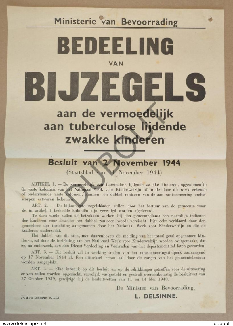 WOII - Affiche - 1944 Bedeeling Van Bijzegels Aan De Aan Tbc Lijdende Zwakke Kinderen (P381) - Posters