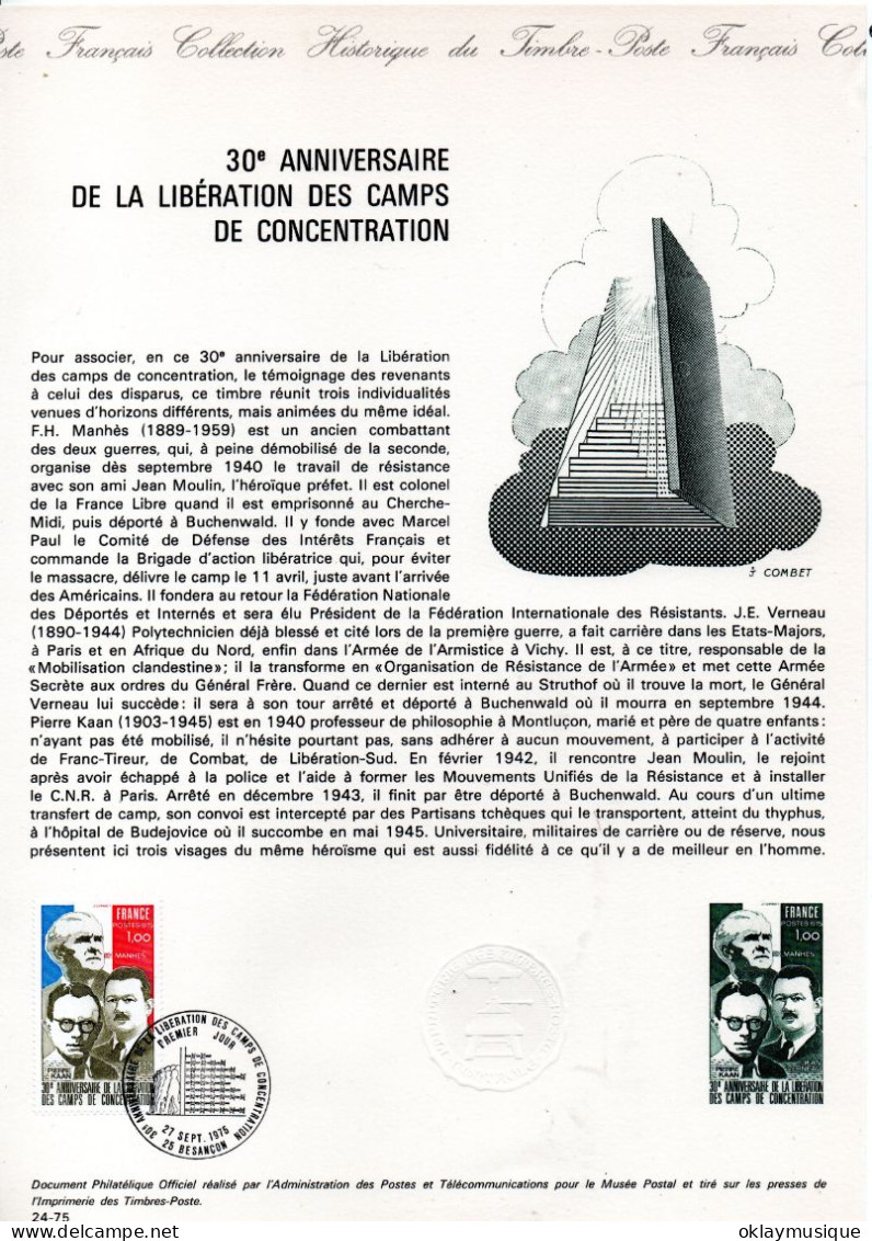 1975 27-09 (30éme Anniversaire De La Libération Des Camps De Concentration) - Documents De La Poste