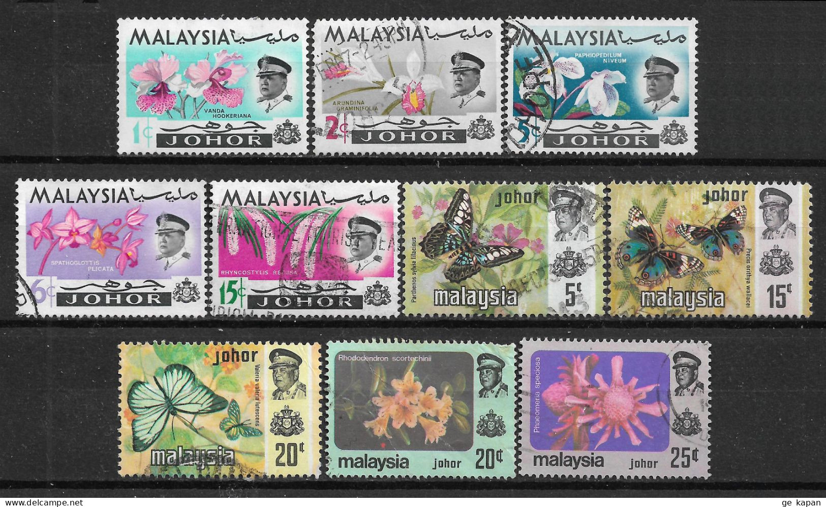 1965-1979 JOHORE SET OF 10 USED STAMPS (Scott # 169-172,174,178,181,182,188,189) CV $3.80 - Malesia (1964-...)