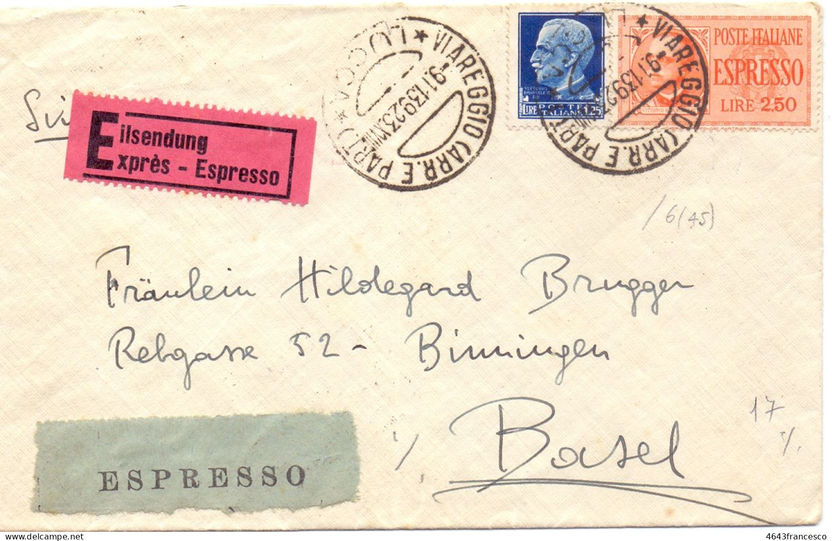 1923 Espresso Lucca Per Basel-Svizzera Con Espresso 2,50 L. - Storia Postale