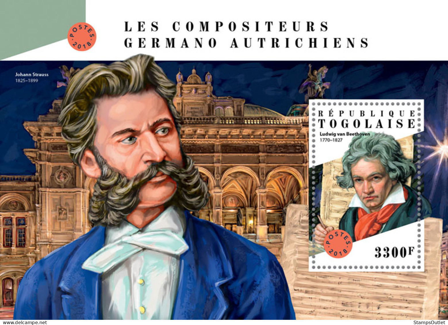 TOGO 2018 MNH  German-Austrian Composers  Michel Code: 9090 / Bl.1601. Yvert&Tellier Code: 1428 - Togo (1960-...)