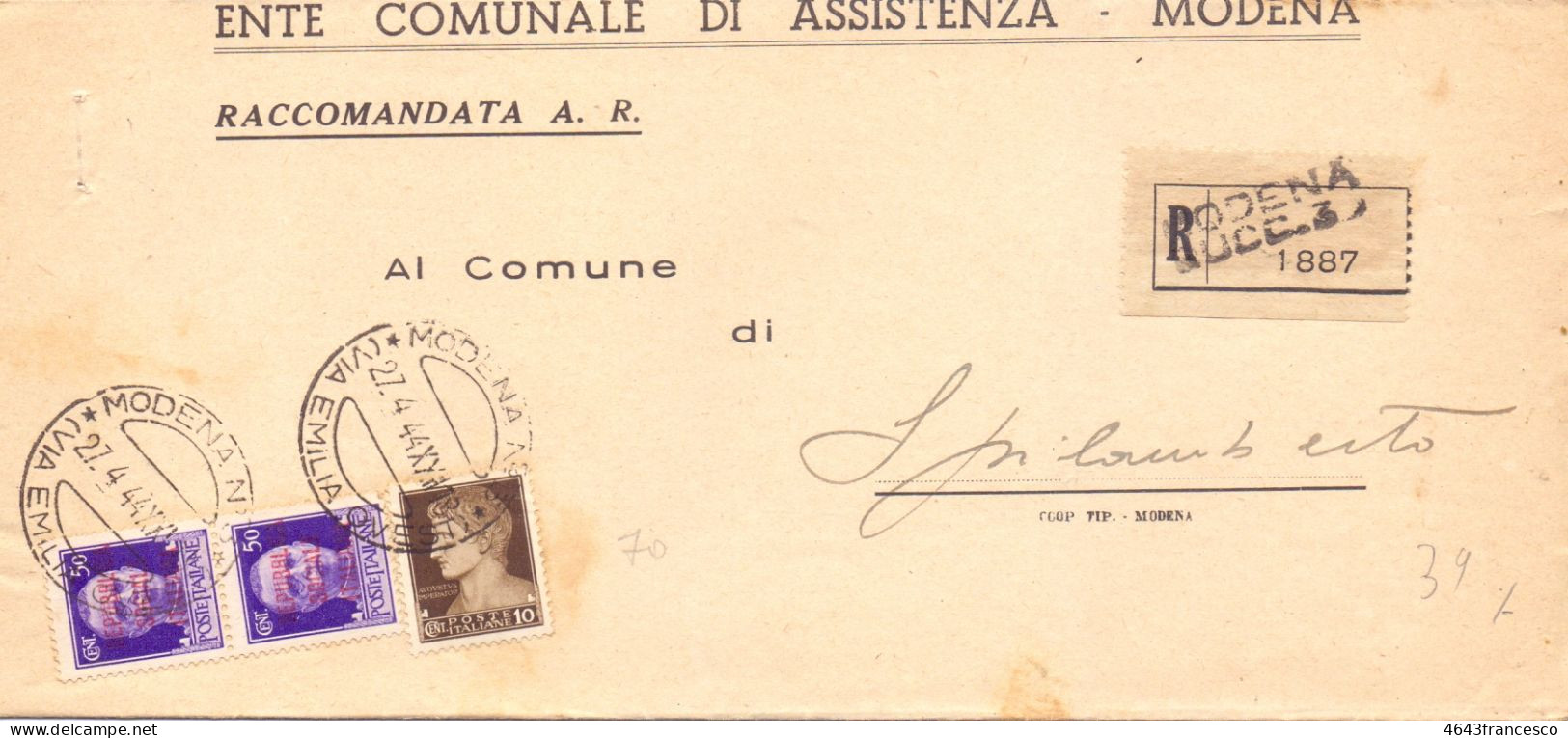1944 RSI Raccomandata Da Modena Per Spilamberto Con Imperiali Sovrastampati - Storia Postale