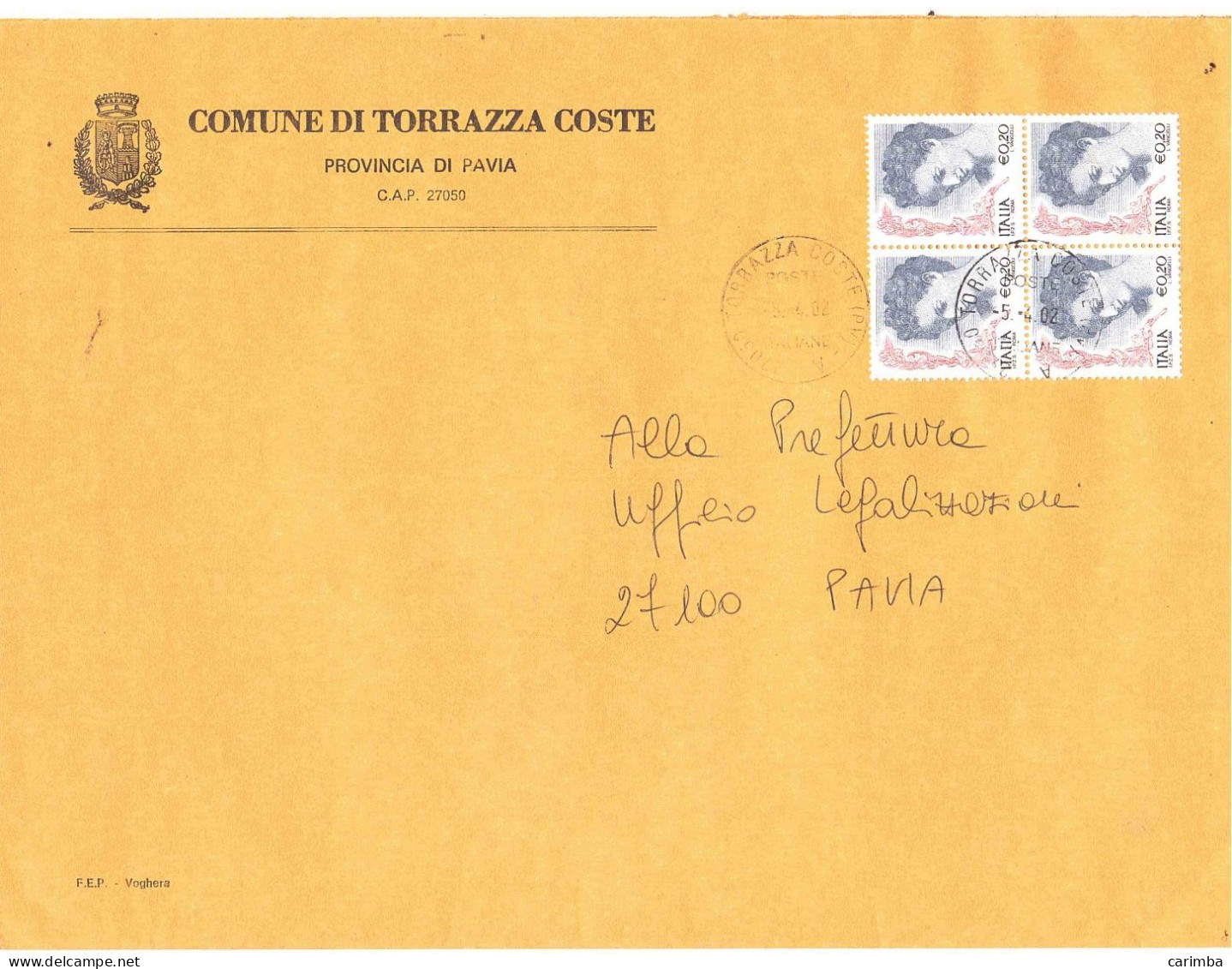 €0,20 DONNE QUARTINA COMUNE DI TORRAZZA COSTE PAVIA - 2001-10: Marcophilie