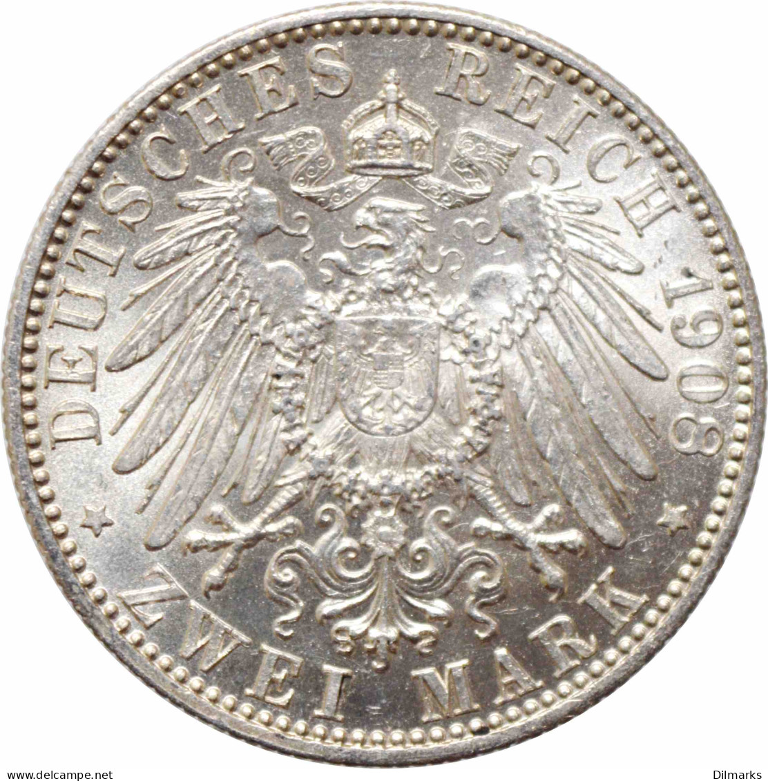 Bavaria 2 Mark 1908 D, UNC, &quot;King Otto I (1886 - 1913)&quot; Silver Coin - 2, 3 & 5 Mark Argent