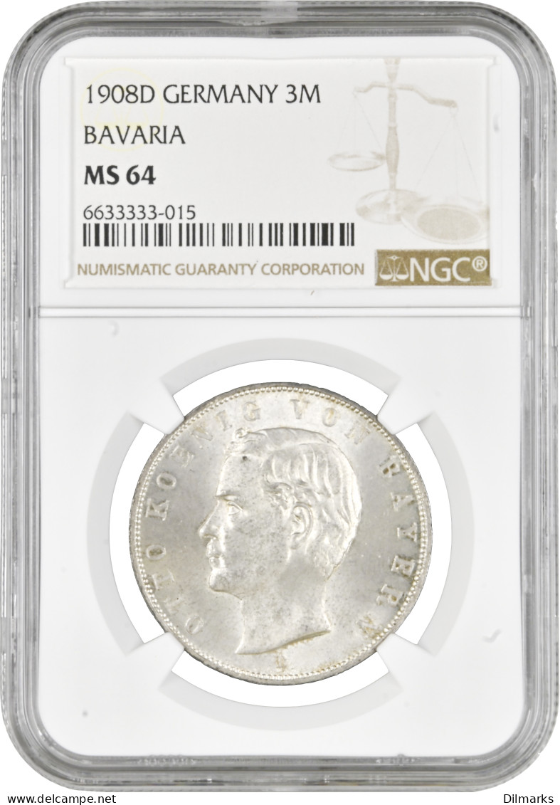 Bavaria 3 Mark 1908, NGC MS64, &quot;King Otto I (1886 - 1913)&quot; - 2, 3 & 5 Mark Silver