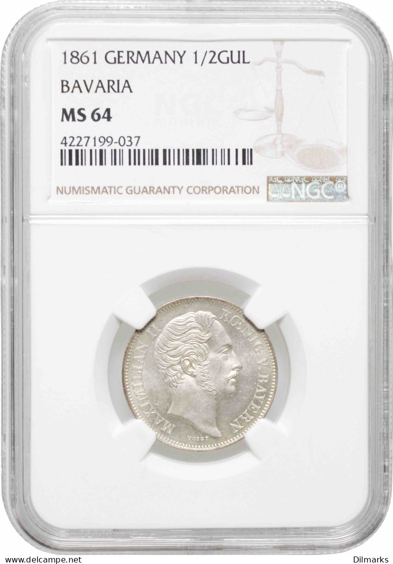 Bavaria 1/2 Gulden 1861, NGC MS64, &quot;King Maximilian II (1848 - 1864)&quot; TopPop 2/0 - Taler Et Doppeltaler