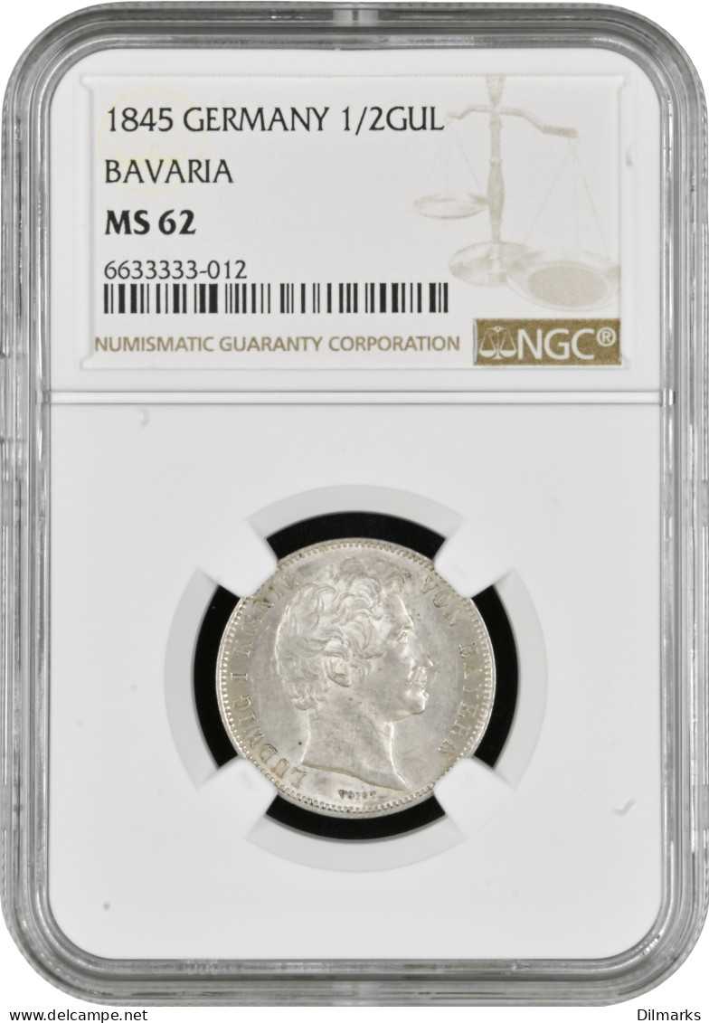 Bavaria 1/2 Gulden 1845, NGC MS62, &quot;King Ludwig I (1825 - 1848)&quot; - Taler & Doppeltaler