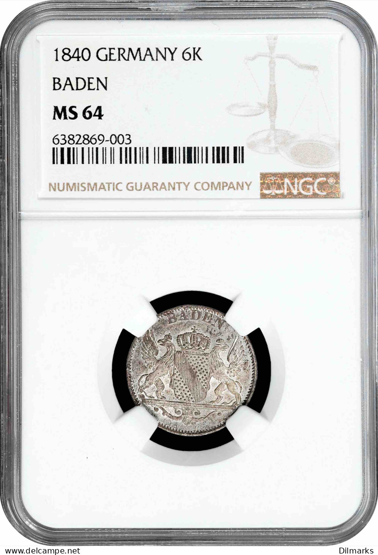 Baden 6 Kreuzer 1840, NGC MS64, &quot;Gerand Duke Leopold (1830 - 1852)&quot; Silver Coin - Taler Et Doppeltaler