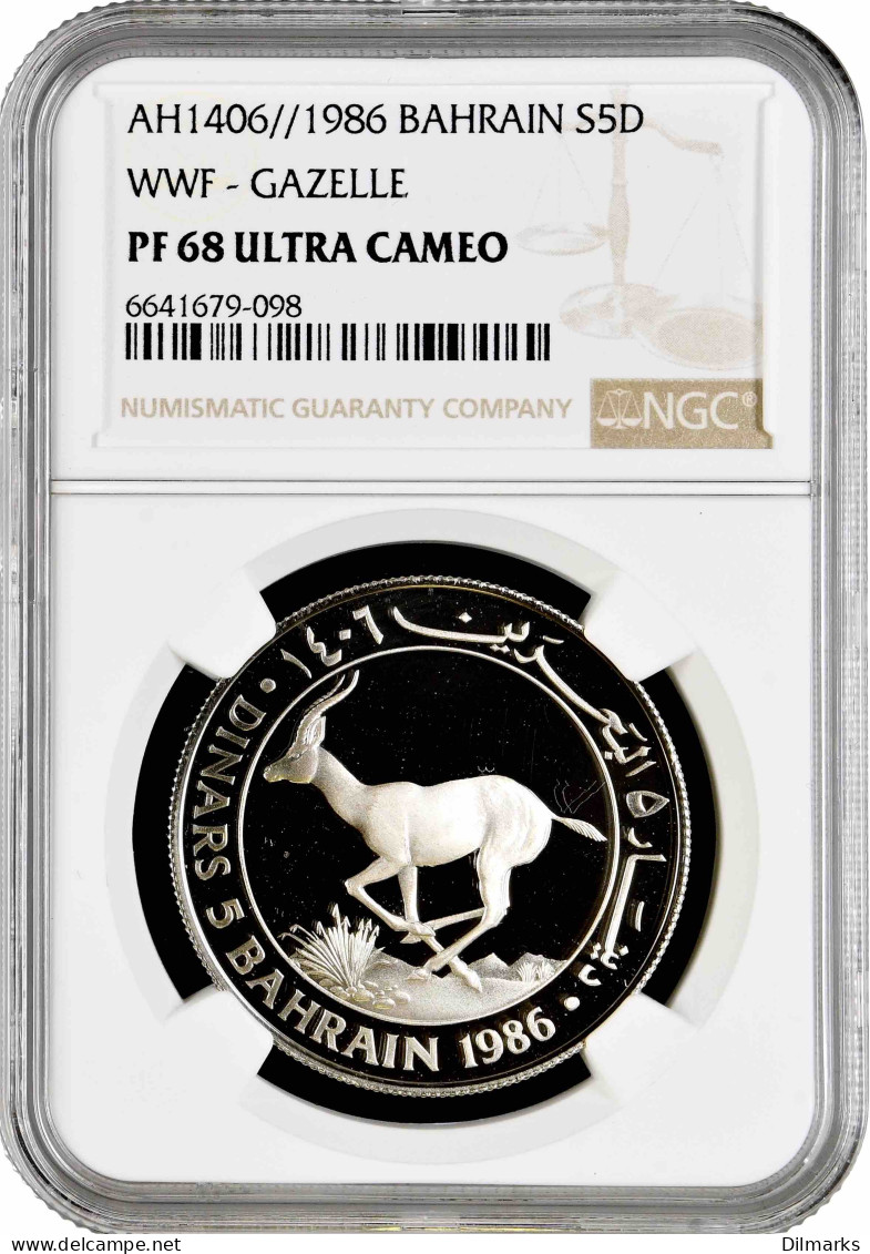 Bahrain 5 Dinars 1986, NGC PF68 UC, &quot;World Wildlife Fund - Gazelle&quot; - Bahrein