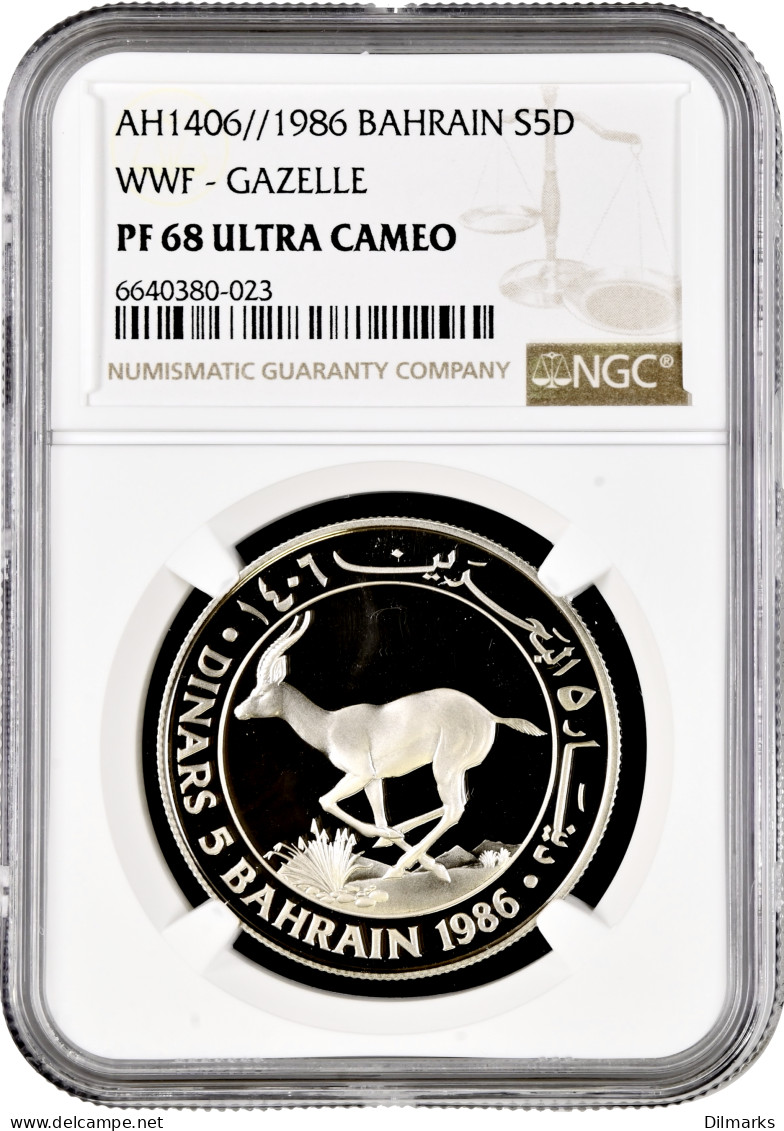 Bahrain 5 Dinars 1986, NGC PF68 UC, &quot;World Wildlife Fund - Gazelle&quot; - Bahrein