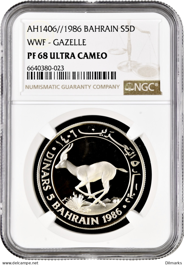 Bahrain 5 Dinars 1986, NGC PF68 UC, &quot;World Wildlife Fund - Gazelle&quot; - Bahreïn