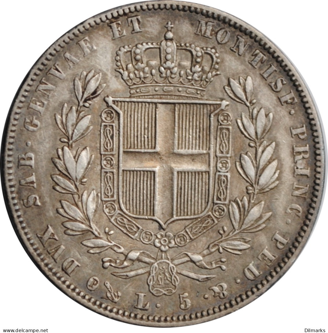 Sardinia 5 Lire 1835 P, XF-AU, &quot;King Charles Albert (1831 - 1849)&quot; - San Marino