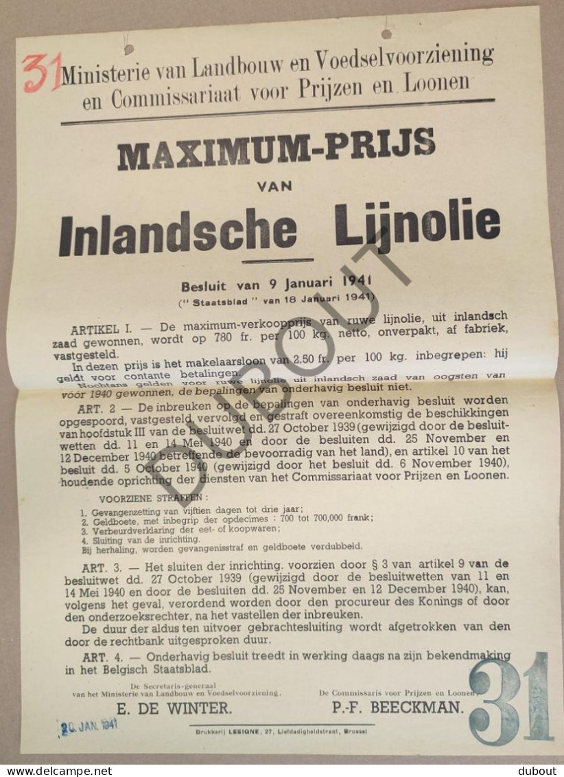 WOII - Affiche - 1941 Maximum Prijs Inlandsche Lijnolie  (P423) - Posters