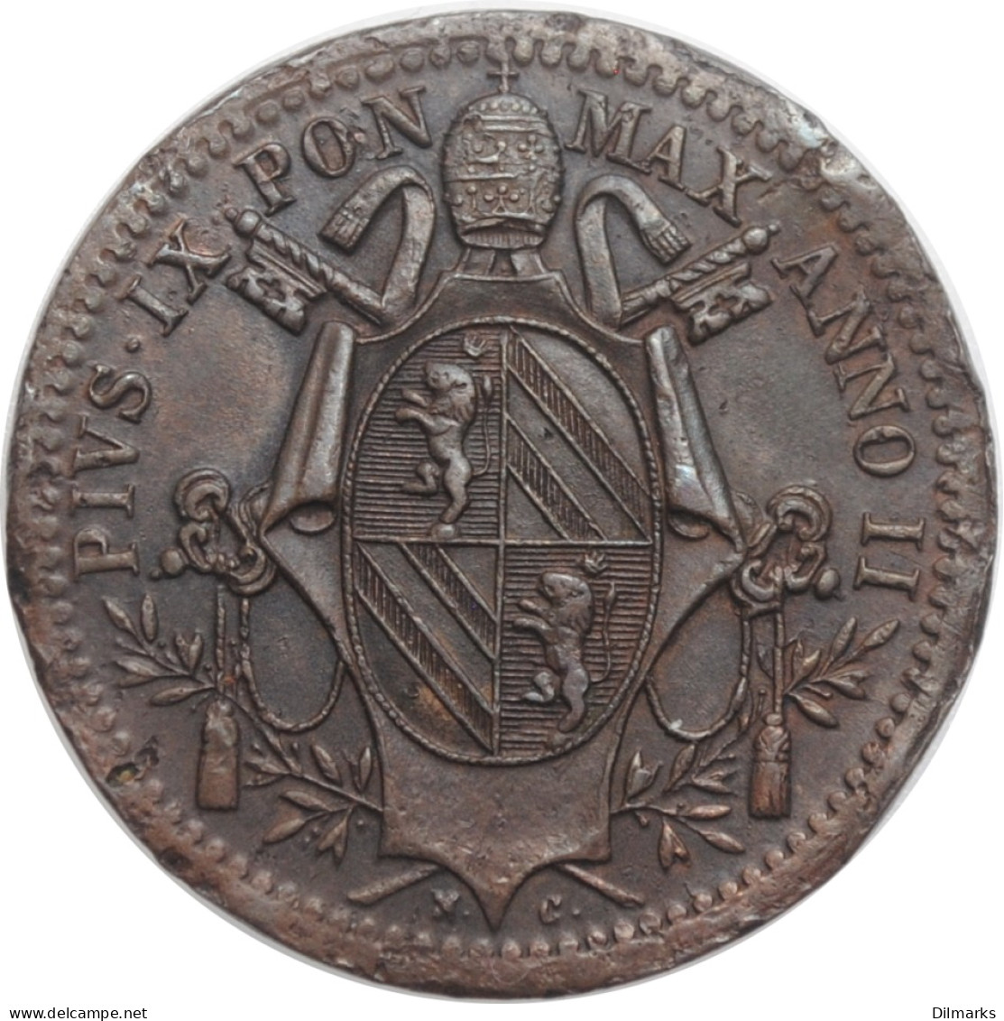 Papal States 1/2 Baiocco 1847 R, XF, &quot;Pope Pius IX (1846 - 1878)&quot; - Colonias
