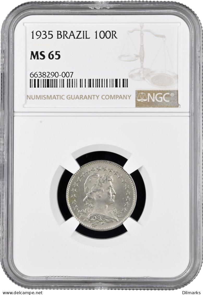 Brazil 100 Reis 1935, NGC MS65, &quot;First Republic (1889 - 1942)&quot; - Brasil