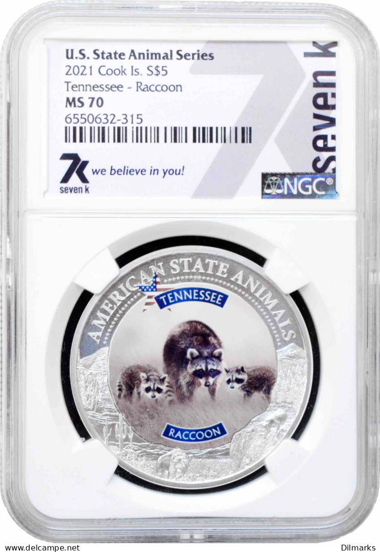 Cook Islands 5 Dollars 2021, NGC MS70, &quot;U.S. State Animal - Tennessee. Raccoon&quot; - Cook Islands