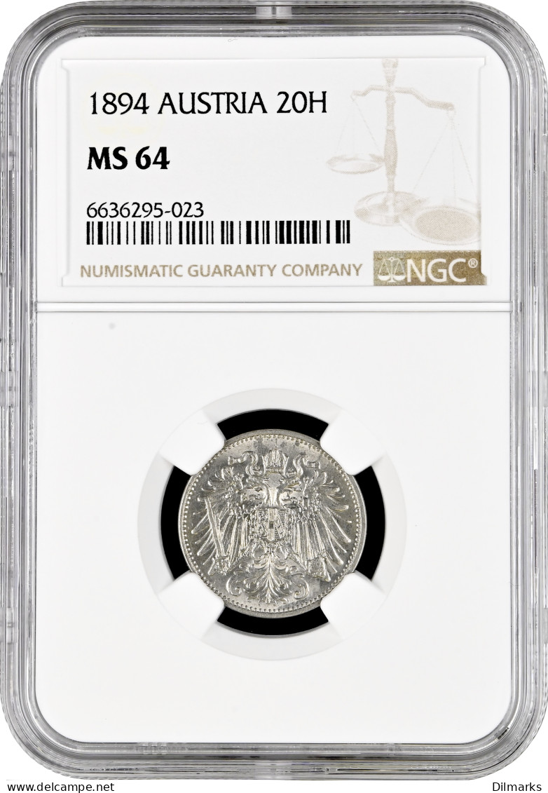 Austria 20 Hellers 1894, NGC MS64, &quot;Austro-Hungarian Krone (1892 - 1918)&quot; - Autriche