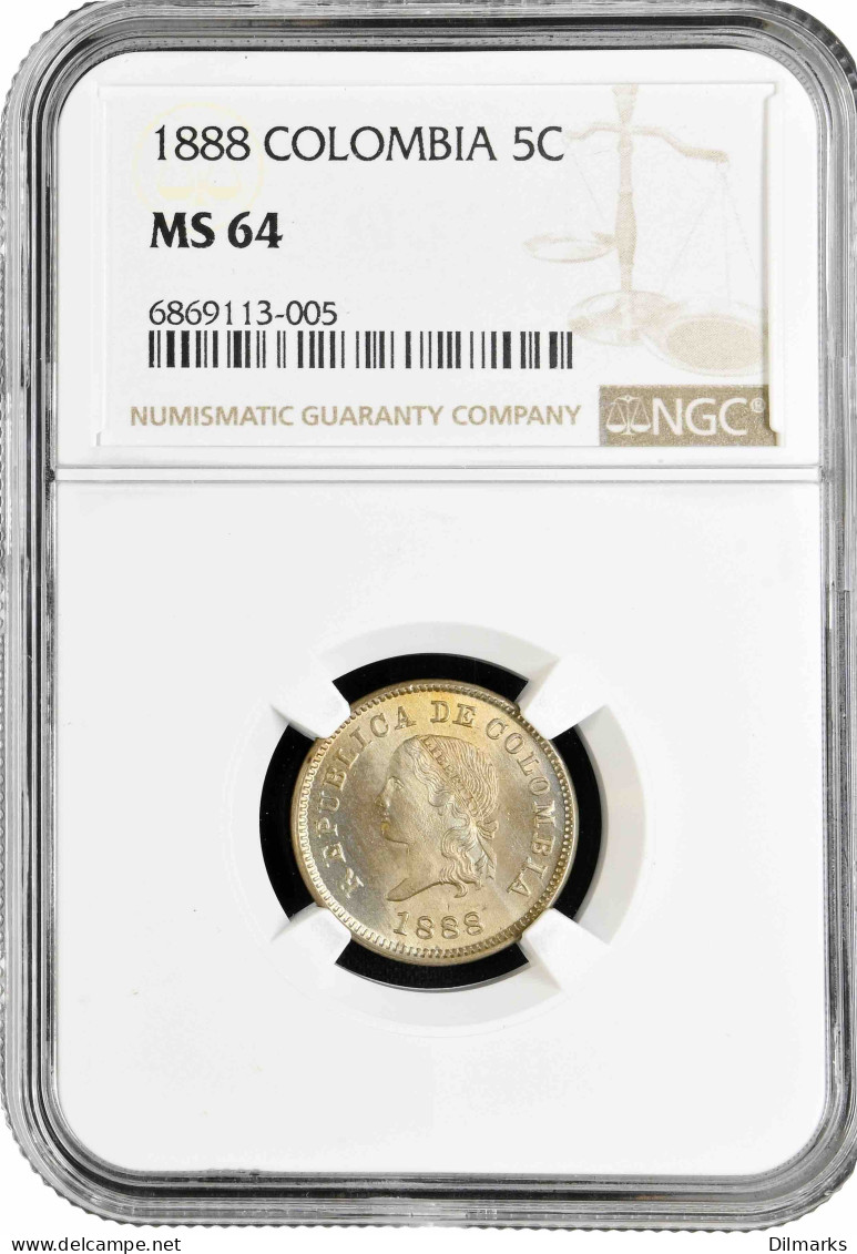 Colombia 5 Centavos 1888, NGC MS64, &quot;Republic Of Colombia (1886 - 1914)&quot; Top 1/0 - Colombie