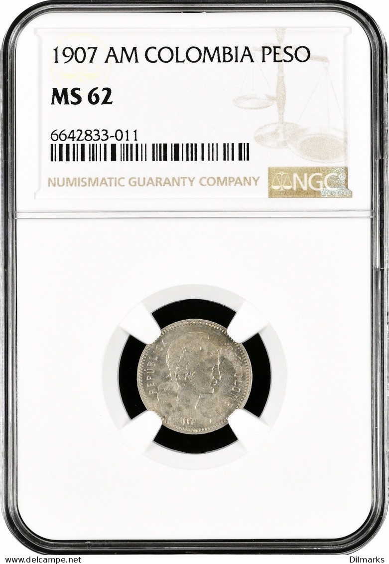 Colombia 1 Peso 1907 AM, NGC MS62, &quot;República De Colombia (1886 - 1914)&quot; - Colombia