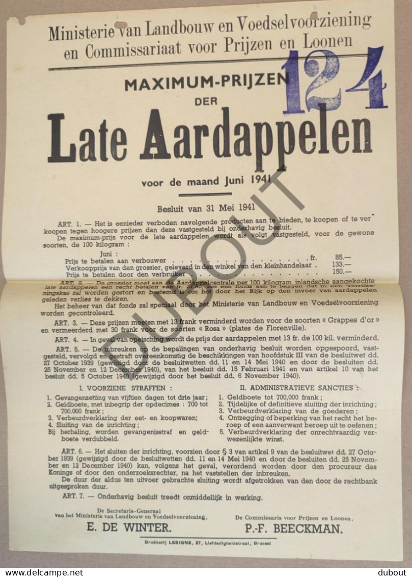 WOII - Affiche - 1941 Maximum Prijs Late Aardappelen  (P419) - Posters