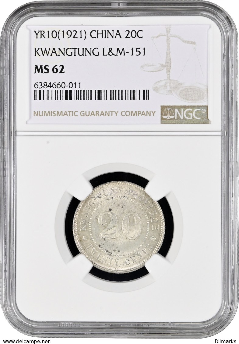 China - Republic 20 Cents 1921, NGC MS62, &quot;Province Kwangtung (1912 - 1930)&quot; - Cile