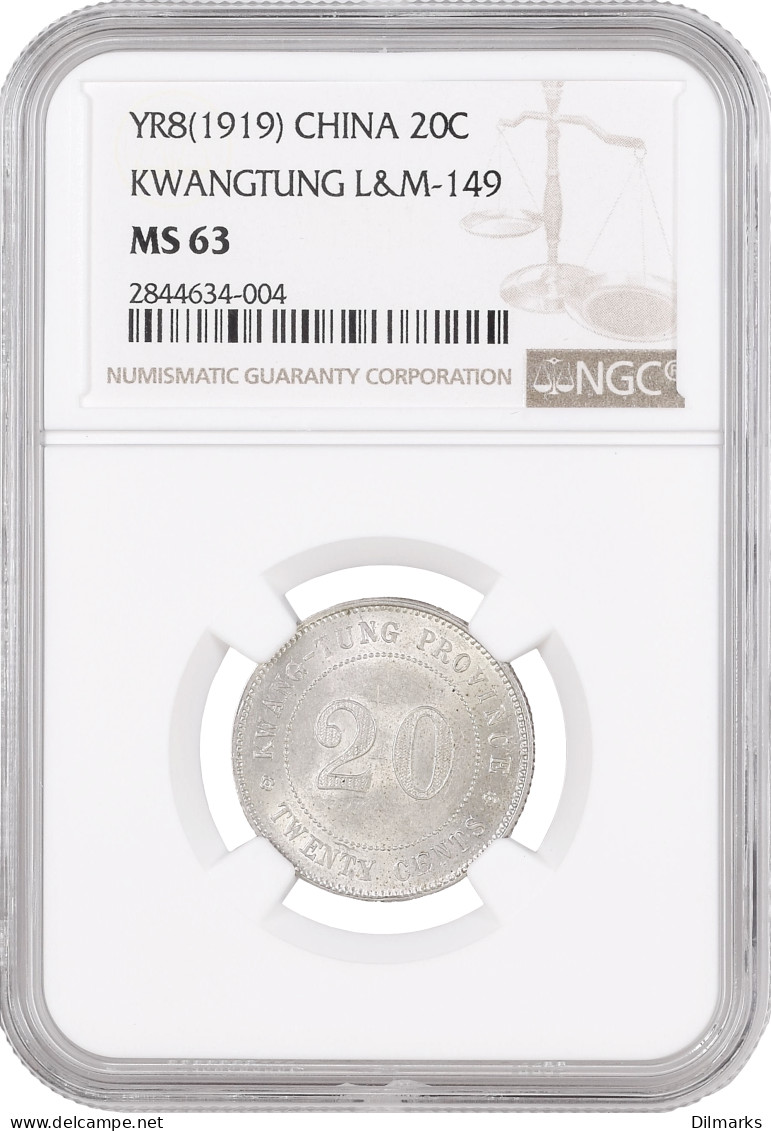 China - Republic 20 Cents 1919, NGC MS63, &quot;Province Kwangtung (1912 - 1930)&quot; - Cile