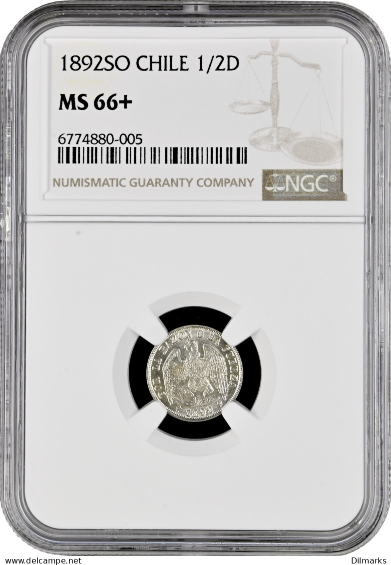 Chile 1/2 Decimo 1892 So, NGC MS66+, &quot;Republic Of Chile (1851 - 1898)&quot; Top Pop - Chili