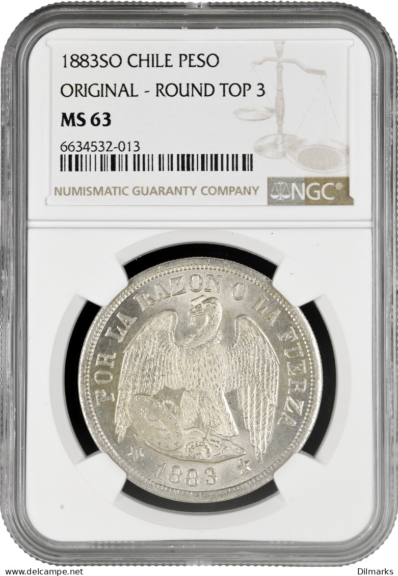 Chile 1 Peso 1883 So, NGC MS63, &quot;Republic Of Chile (1851 - 1898)&quot; - Chile
