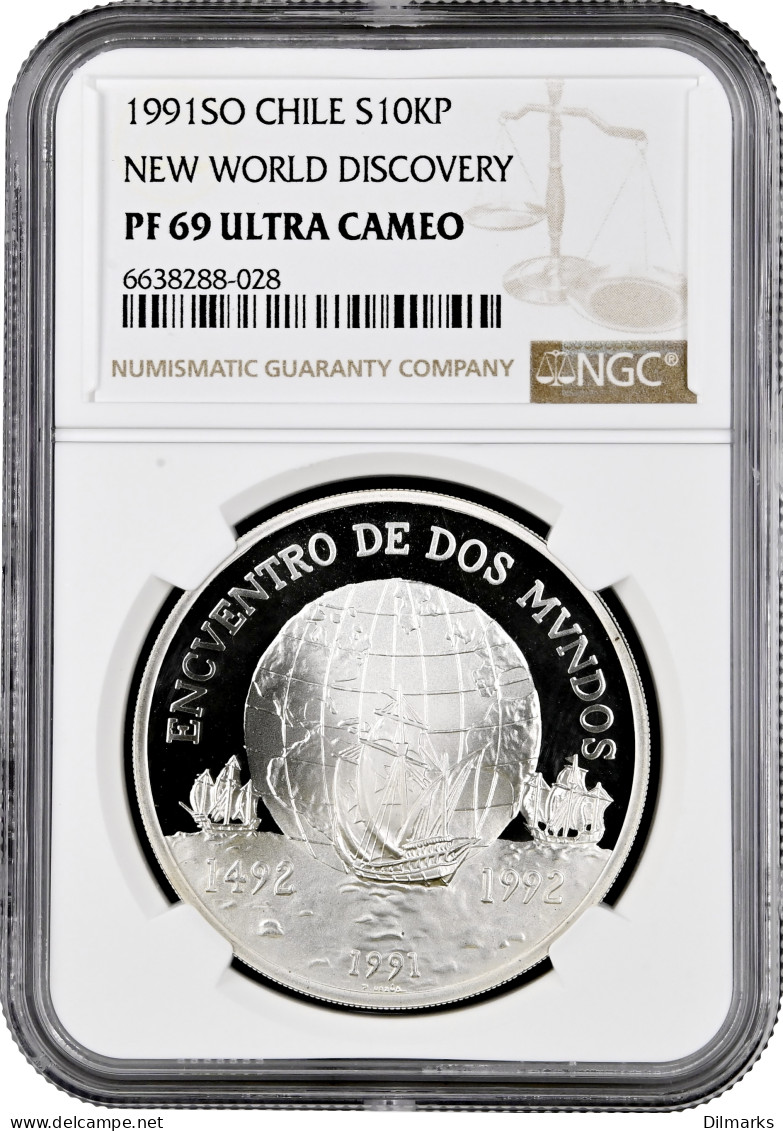 Chile 10000 Pesos 1991, NGC PF69 UC, &quot;500th Anniversary - Discovery Of America&quot; Top Pop - Chili