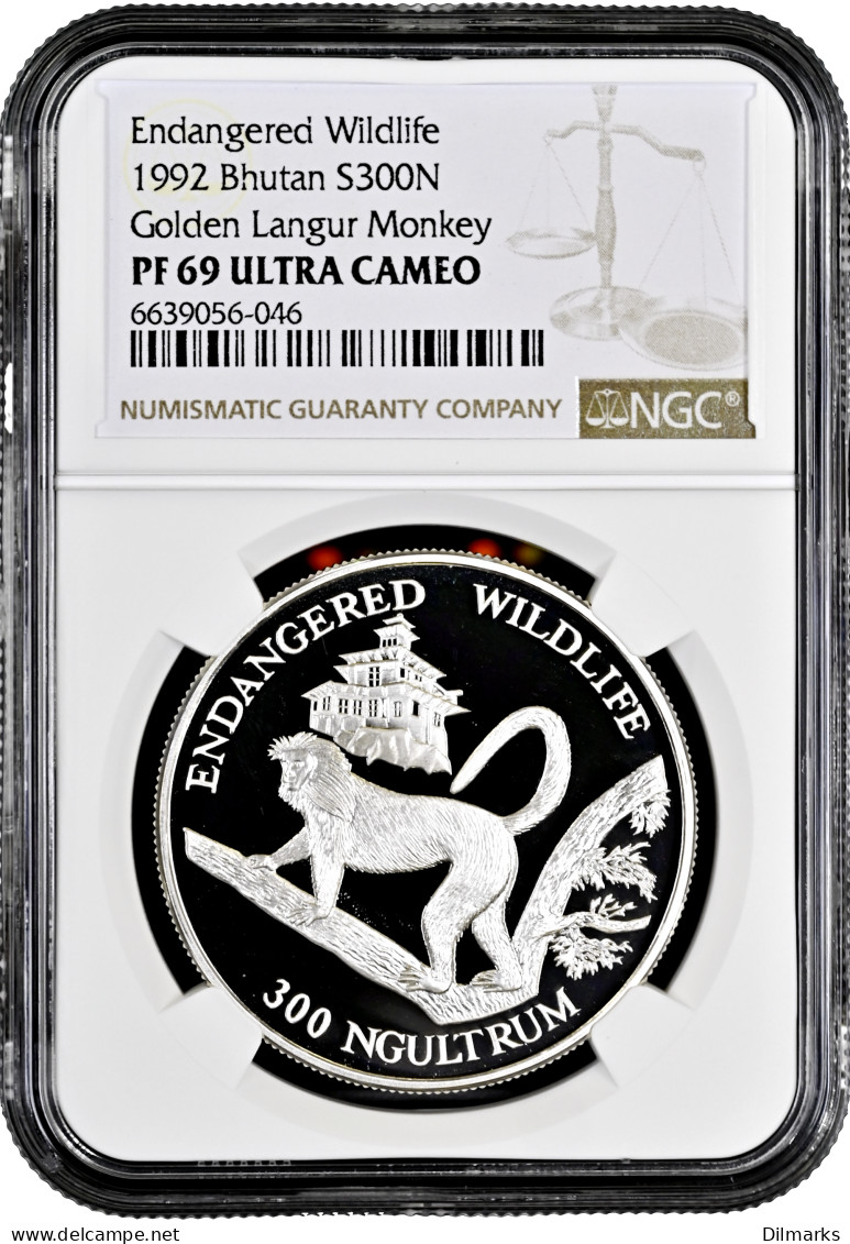 Bhutan 300 Ngultrums 1992, NGC PF69 UC, &quot;Endangered Wildlife - Golden Langur Monkey&quot; - Bhutan