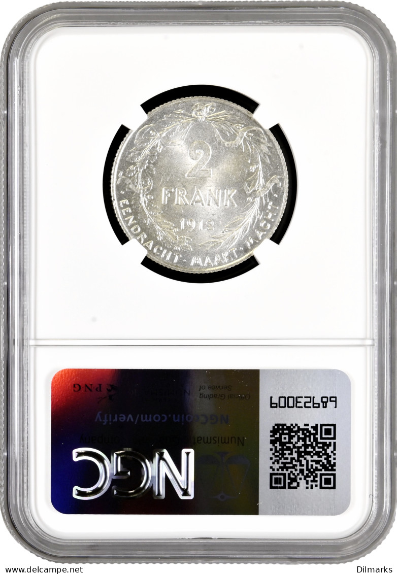 Belgium 2 Francs 1912 DER, NGC MS62, &quot;King Albert I (1910 - 1934)&quot; - Sonstige & Ohne Zuordnung